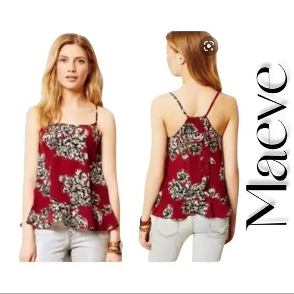 Maeve By Anthropologie Zebella Silk Floral Tank Top Size 6 Sleeveless Maroon - Picture 1 of 12